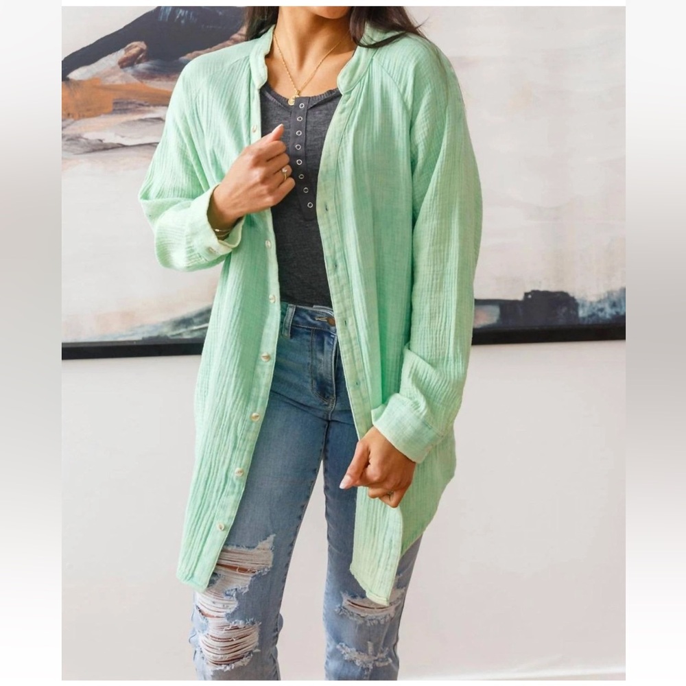 White Birch Corey Button Up Top Crinkle Gauze Cotton Vintage Green Size S Small